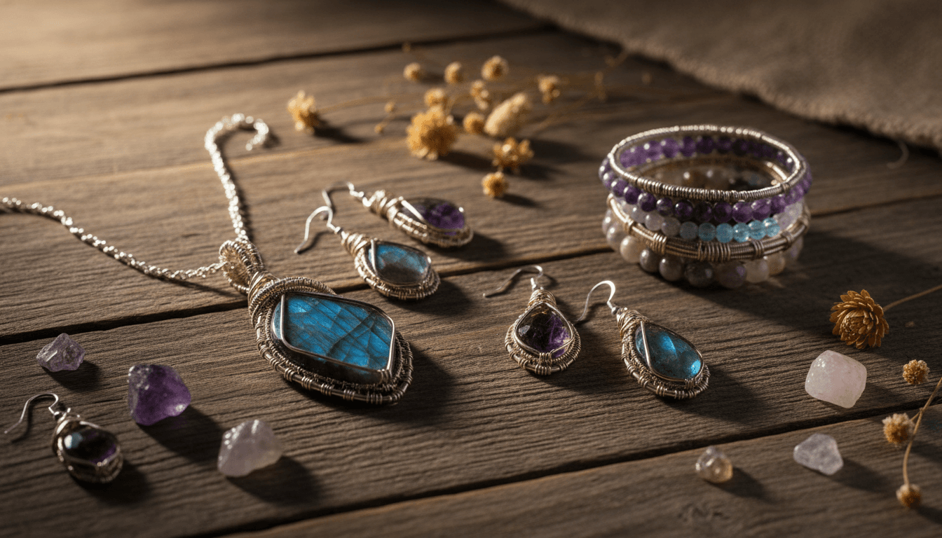 Beautiful handmade jewelry pieces featuring healing crystals and spiritual symbols on natural wood background