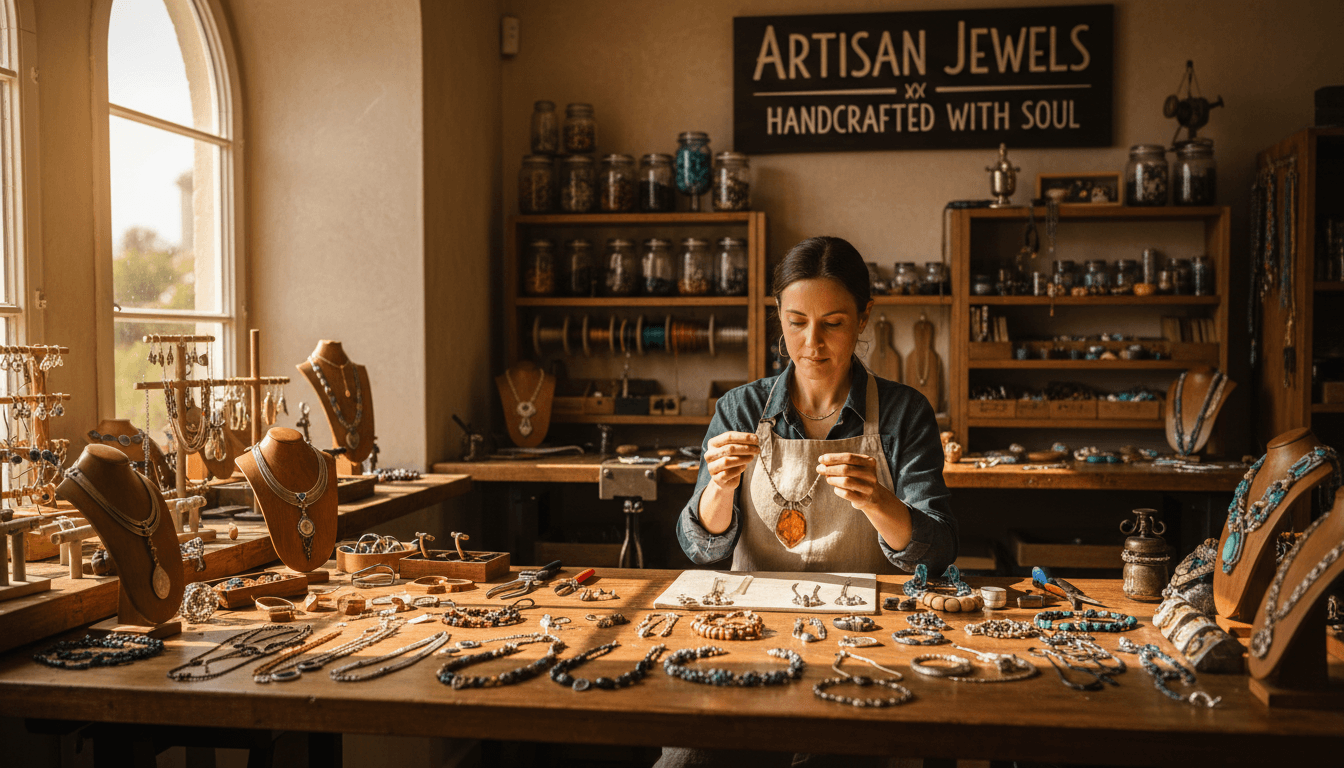 Artisan jeweler creating handcrafted jewelry at a work table with natural materials and warm lighting