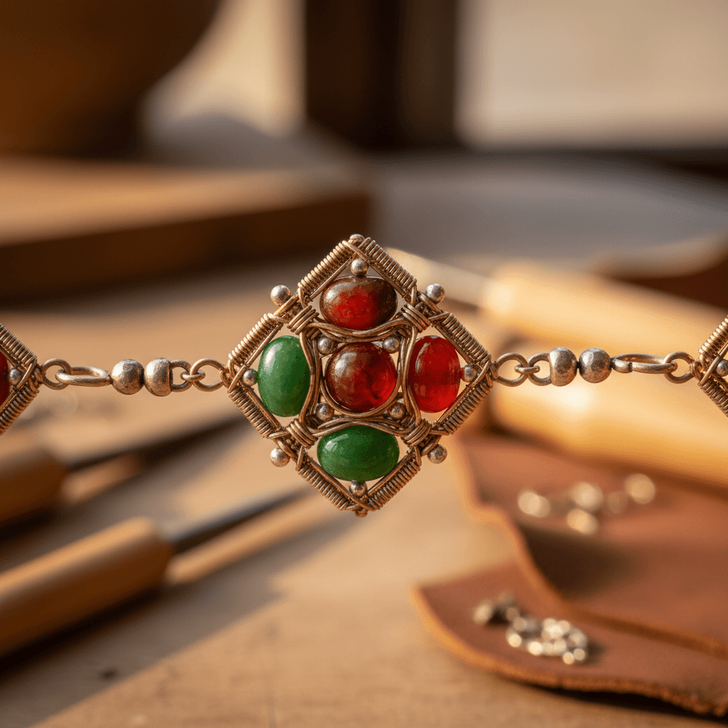 Detailed view of handmade healing bracelet