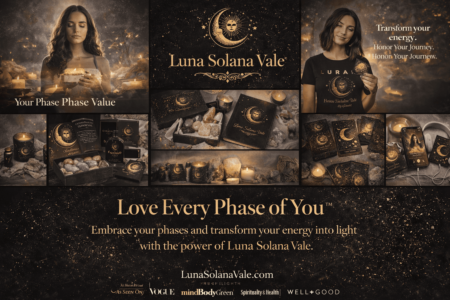 Mystical collage showcasing celestial journals, crystals, and candles for the spiritual brand Luna Solana Vale.