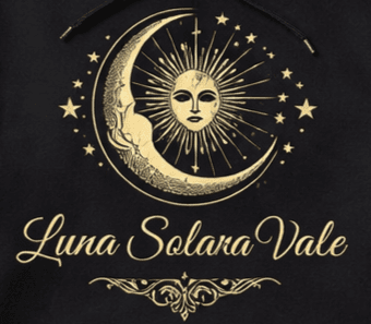 Gold celestial logo with crescent moon, sun face, and stars above Luna Solara Vale.