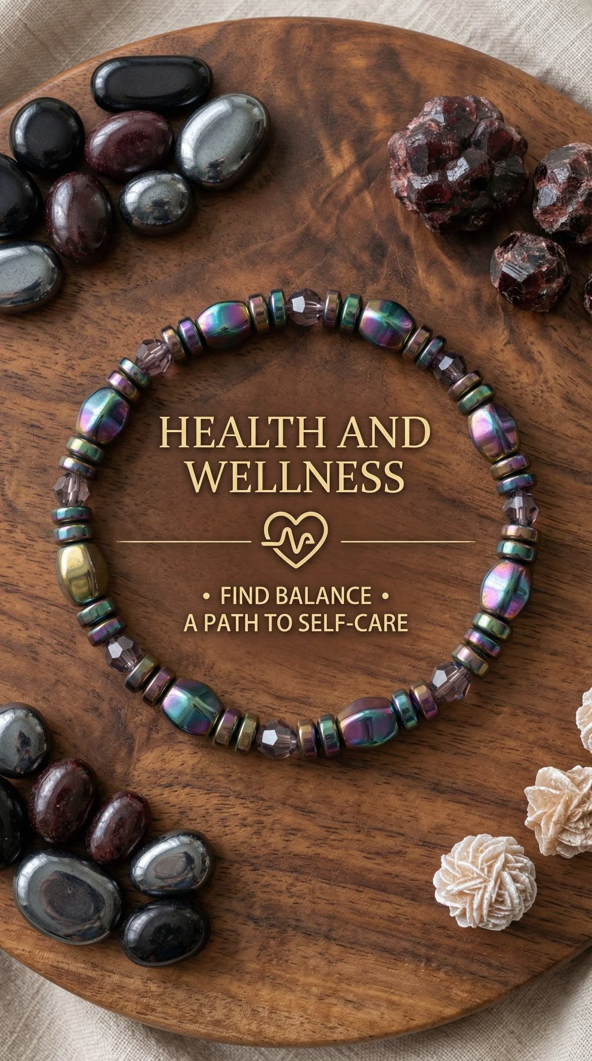 Iridescent beaded bracelet on wood with healing stones and text reading Health and Wellness.