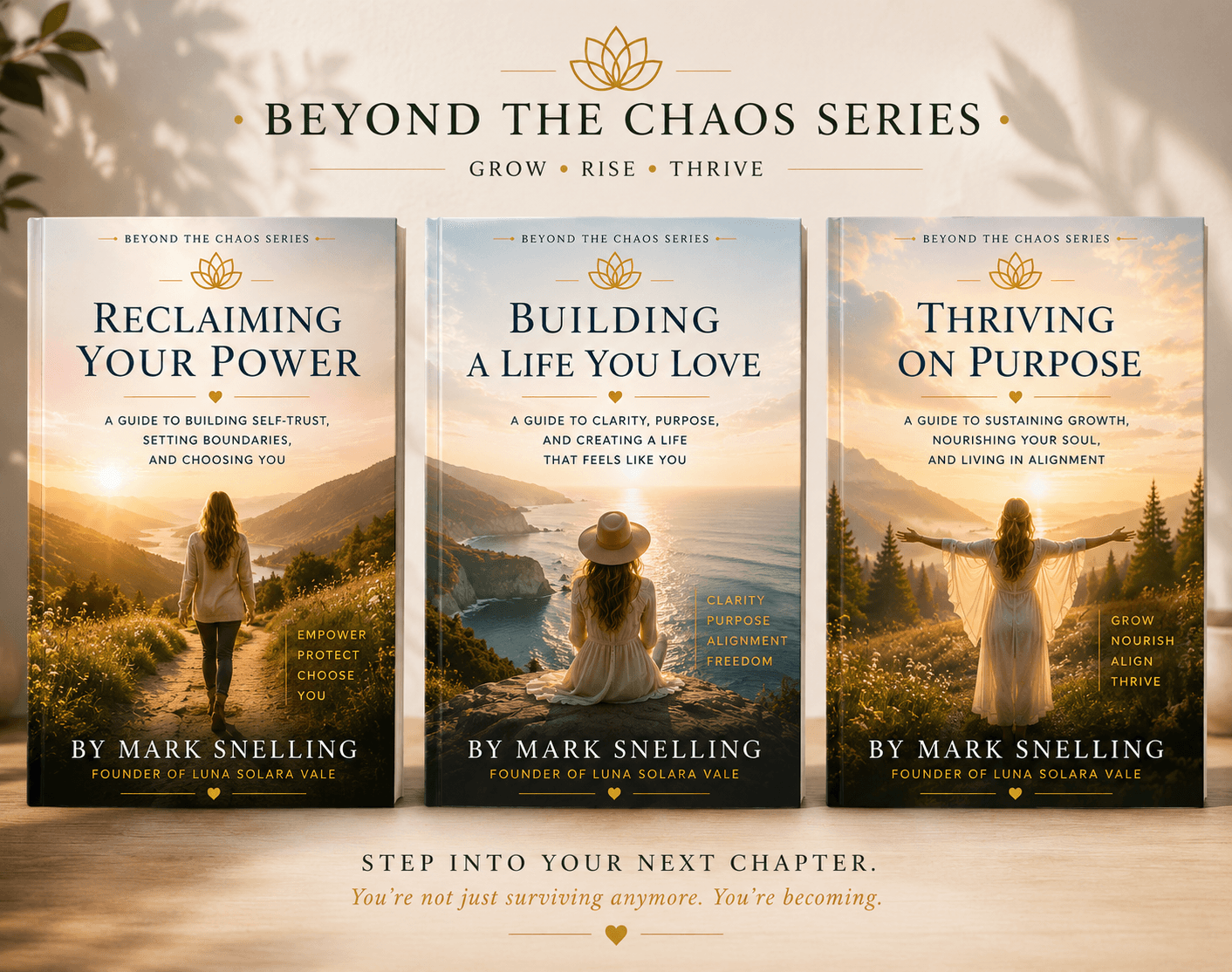 Three book covers in the Beyond the Chaos Series featuring women in scenic nature landscapes.