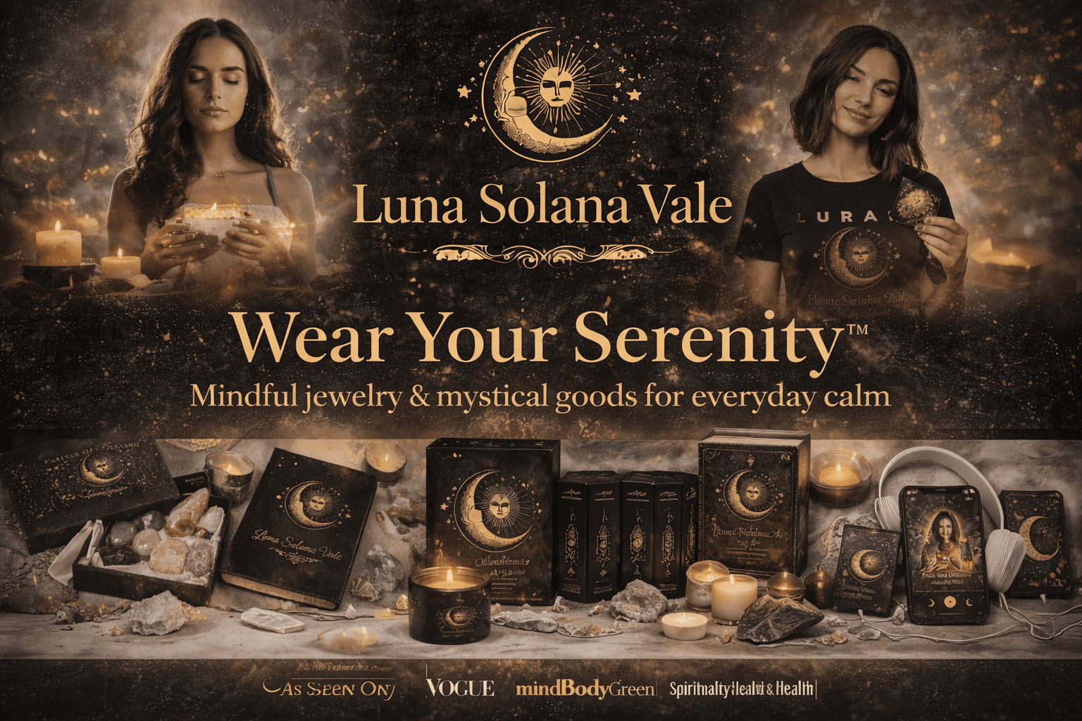 Luna Solana Vale advertisement for mystical goods featuring celestial-themed candles, journals, and mindful jewelry.