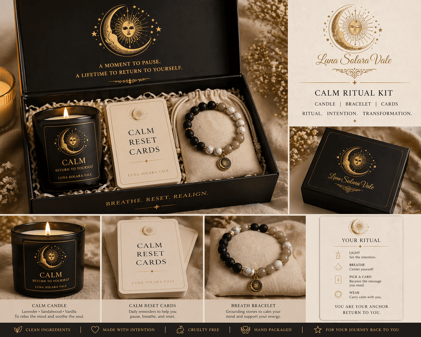 Celestial-themed ritual kit featuring a black candle, reset cards, and a beaded charm bracelet.