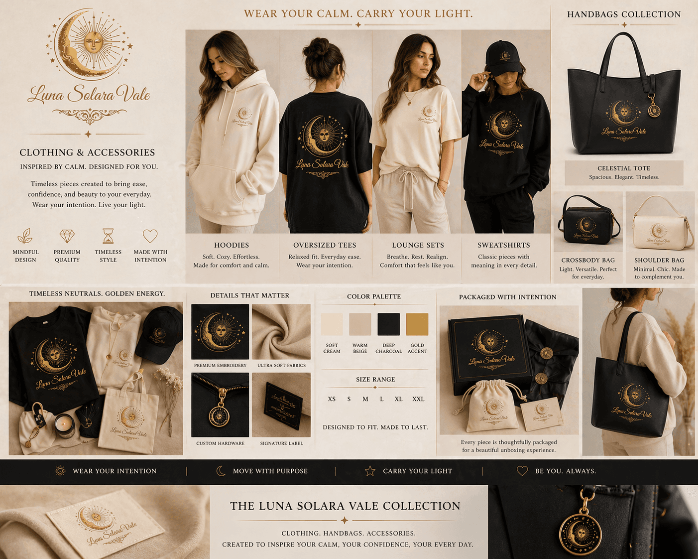 Luna Solara Vale collection featuring neutral clothing and handbags with gold celestial moon designs.